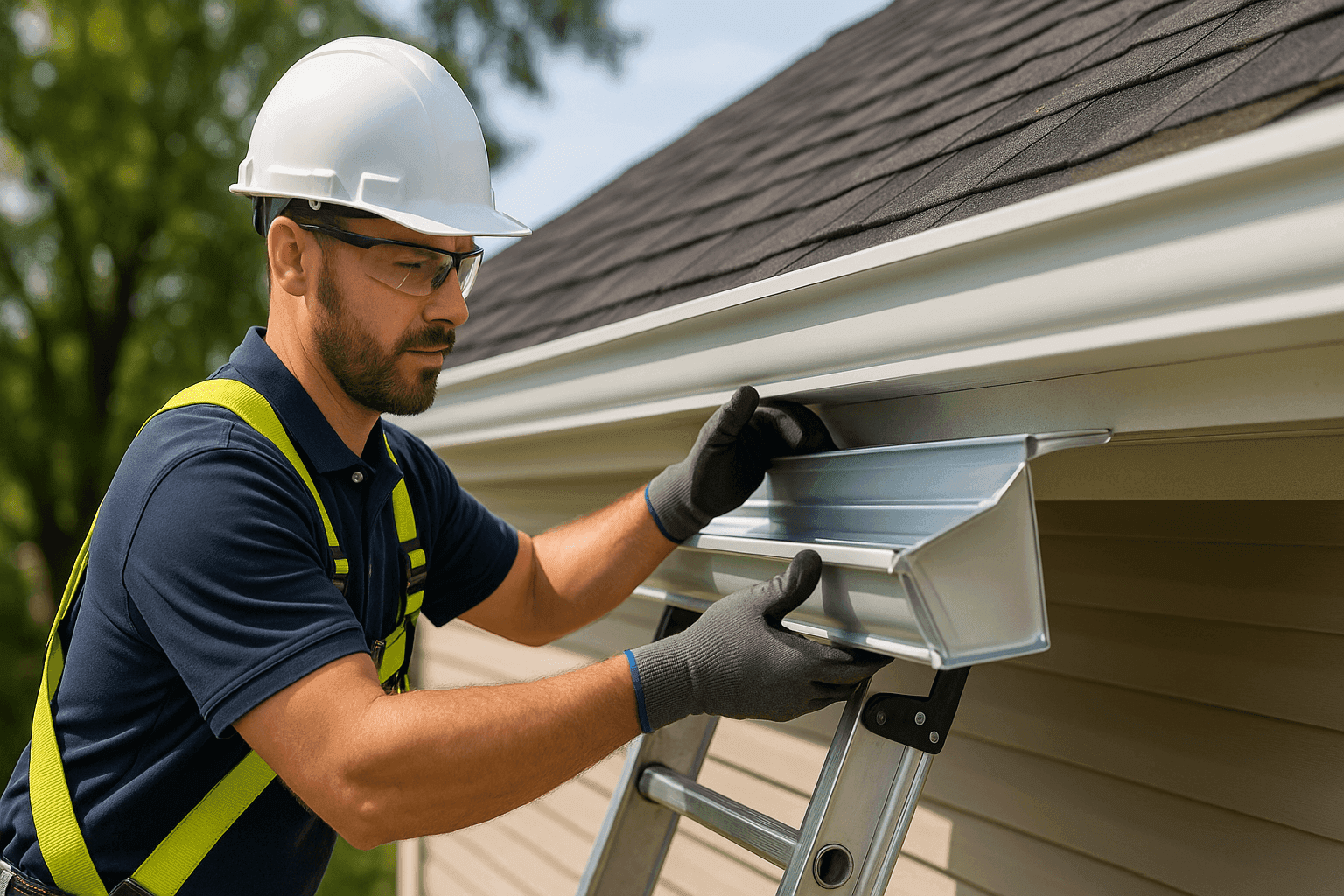 Technician installing new gutters on a home with proper safety gear