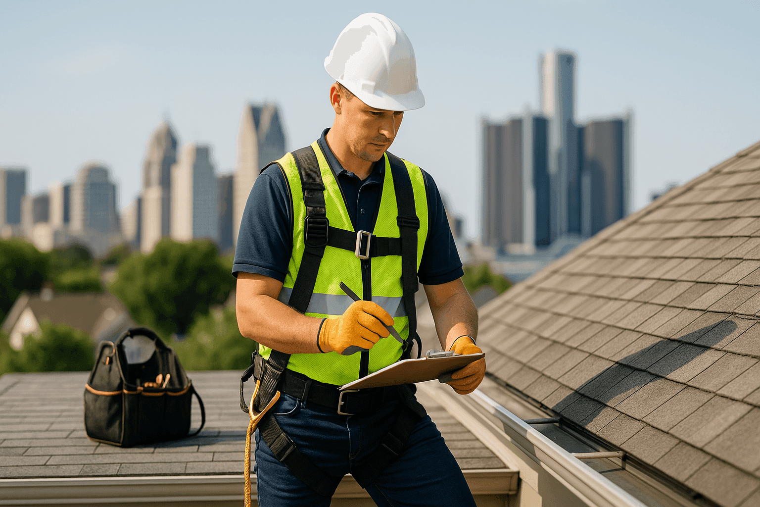 Technician performing annual roof maintenance with checklist and tools