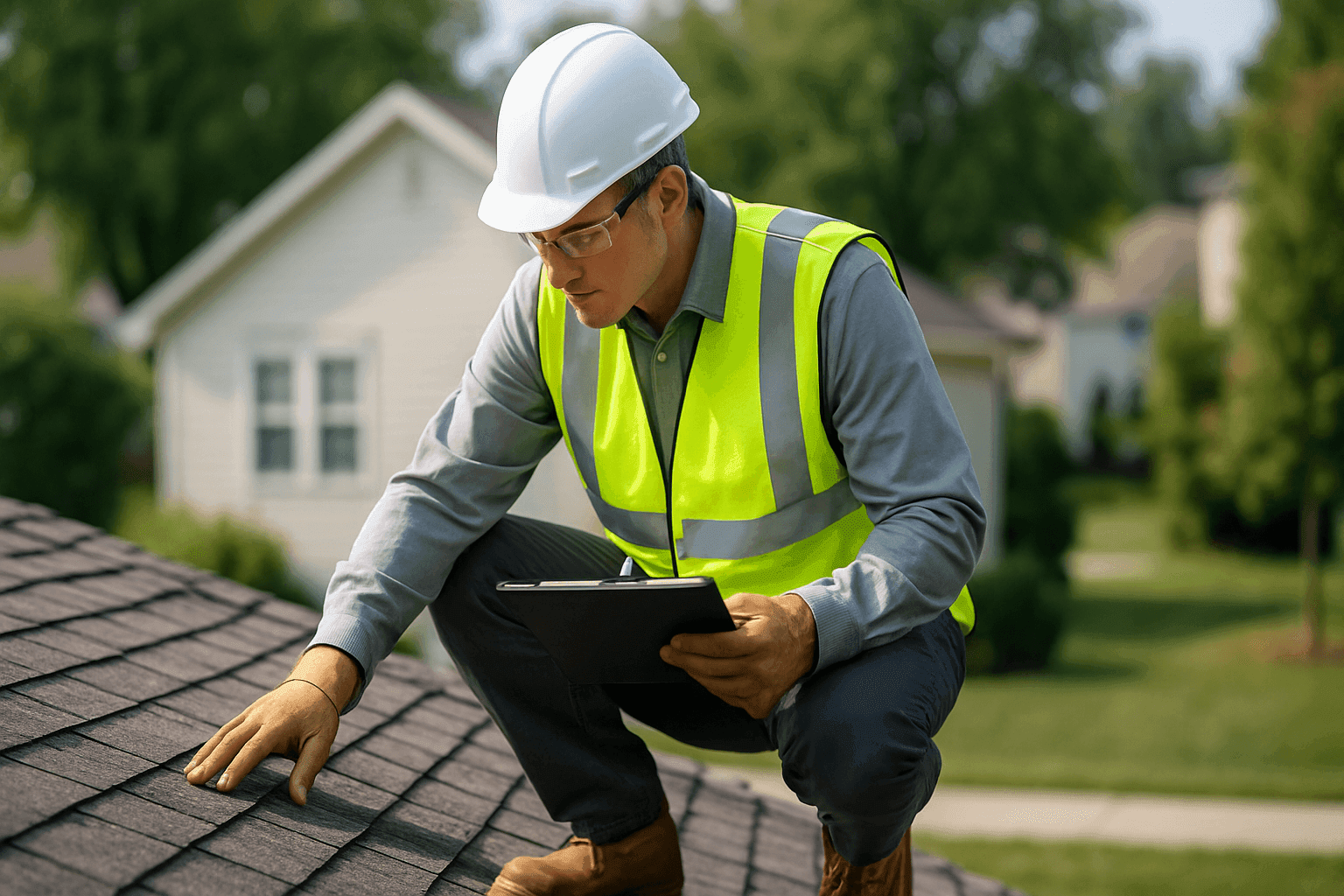 Roof inspector examining shingles and documenting findings