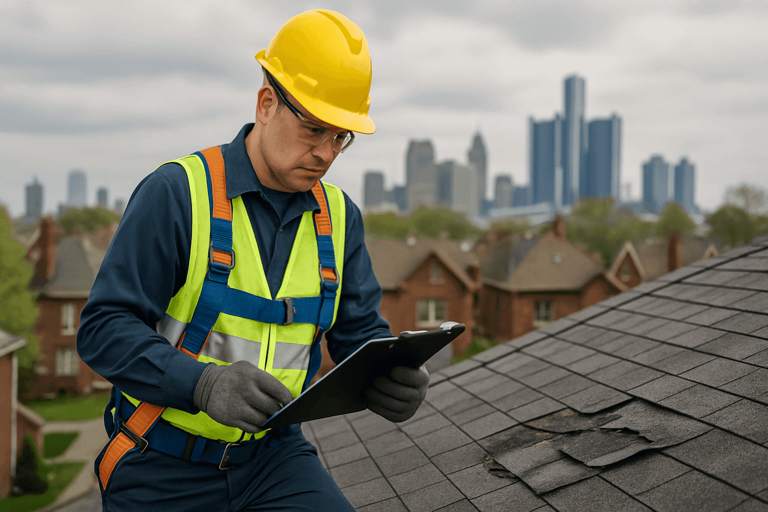 Technician assessing roof storm damage with clipboard and safety equipment